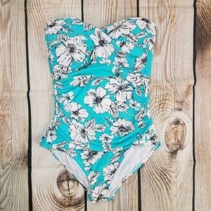 Anne Cole Size 12 Blue Floral Strapless One Piece